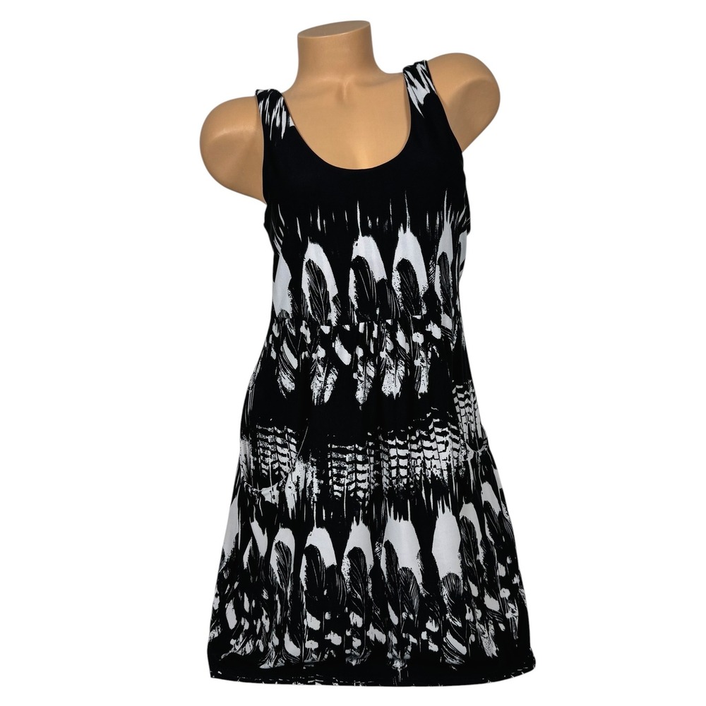 J. Valdi Womens Small Black White Feather Print Scoop Neck Mini Dress Pockets